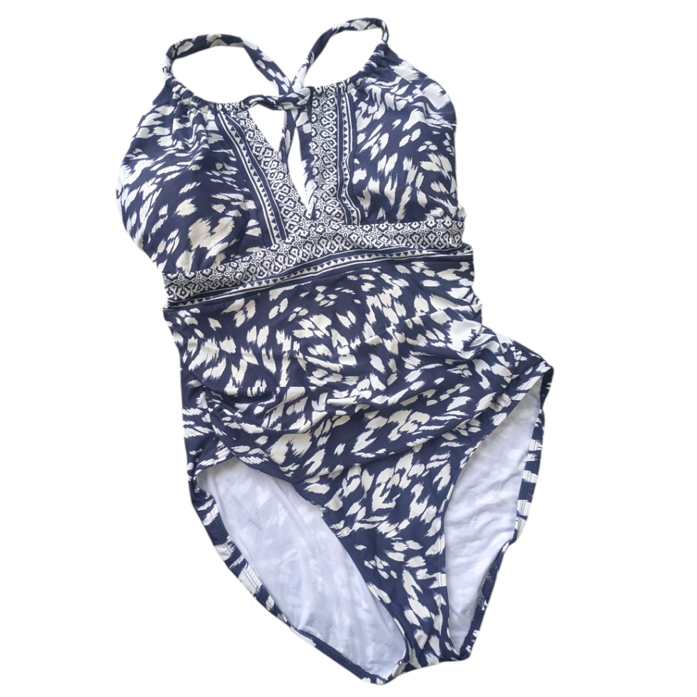 La Blanca Blue White Graphic Print Halter One Piece Swimsuit